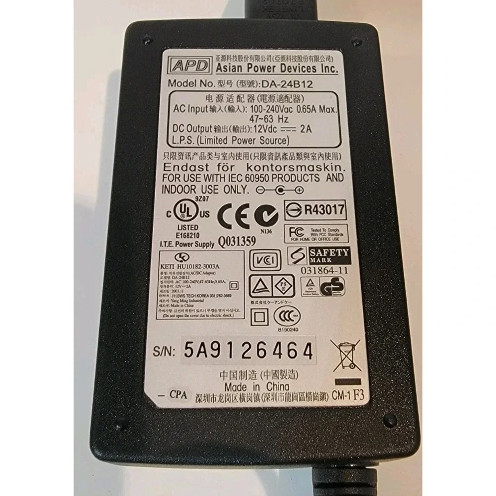 Power Supply Adapter APD DA-24B12 AC Power  12V 2A Power Supply 24W w/PC OEM‎